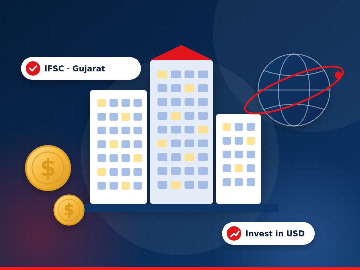 Illustration of GIFT City towers, a globe and US dollar coins, representing global investing through GIFT City