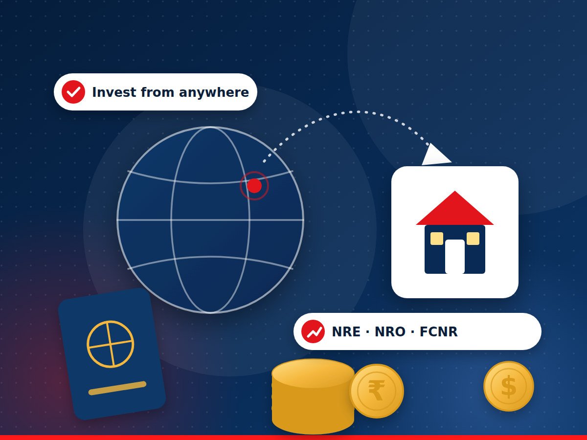 Illustration of a globe, passport and home, representing NRI investing in India
